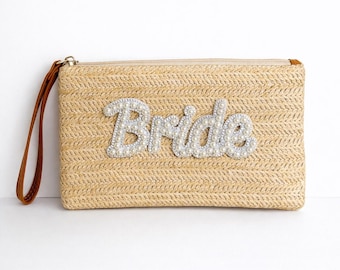 Braut Beige gewebte Clutch Urlaub Strandverein Ibiza Vibes Partytasche Patches Perle