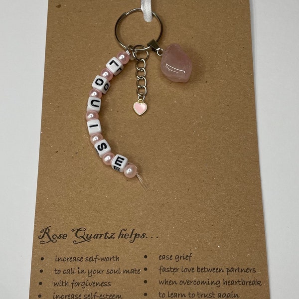 Personalised name rose quartz keyring