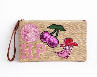 Beige woven clutch holiday beach club initials personalised ibiza vibes party bag patches night cowgirl disco ball cherries pink