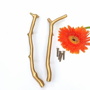 May include: Two gold-toned metal cabinet pulls shaped like branches. The pulls are on a white background with a single orange flower.