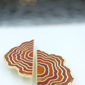 May include: Two decorative cabinet pulls with a gold finish and a layered, organic design in shades of red, orange, and cream. The pulls are arranged side by side on a white surface, suggesting a set for a cabinet or drawer.