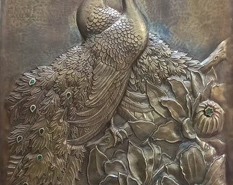 SAGV, Handmade Repousse / Embosse  "Peacock" Wall Panel With Gemstone, Limited Edition - Y21/1-10