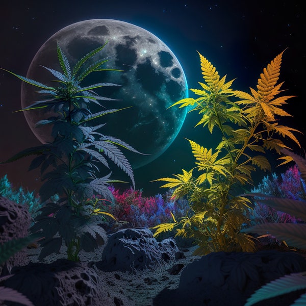 High Definition Digital Art Print- Cannabis Plants Growing On A Fantasy Planet In Space