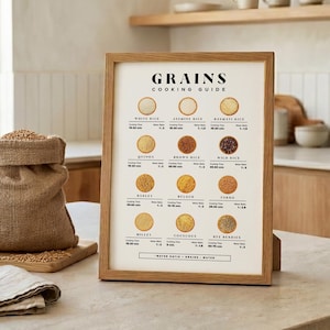 Może przedstawiać: Drewniana oprawiona plakatem "GRAINS COOKING GUIDE" z r&oacute;żnymi ziarnami, w tym ryżem i komosą ryżową. Worek jutowy wypełniony ziarnami spoczywa na drewnianej desce, z złożoną lnianą szmatką na pierwszym planie.