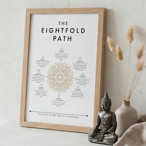 May include: A framed print with the text "THE EIGHTFOLD PATH" in black and gold. The print features a detailed mandala design and descriptions of the eight principles. A small Buddha statue and a vase with dried flowers are in the foreground.