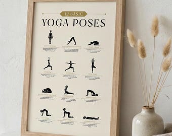 12 Basic Yoga Poses Chart, Anfänger Asanas Guide, Wellness Wand Kunst (Digitaler Download)