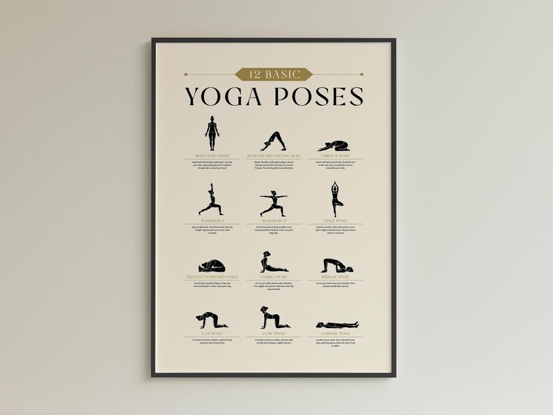 May include: A framed poster featuring 12 basic yoga poses in black silhouettes against a beige background. The title "12 BASIC YOGA POSES" is displayed in a decorative font. Each pose is labeled with its name and a brief description.