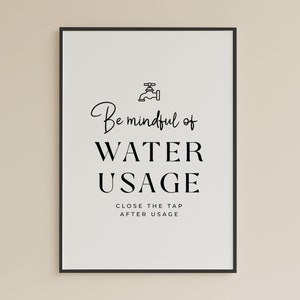 May include: Black and white printable poster with a faucet graphic and the text "Be mindful of WATER USAGE CLOSE THE TAP AFTER USAGE".