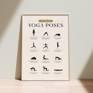 May include: A framed poster displaying 12 basic yoga poses in black silhouettes against a cream background. The title "12 Basic Yoga Poses" is in gold lettering. The poster is leaning against a wall on a wooden floor.