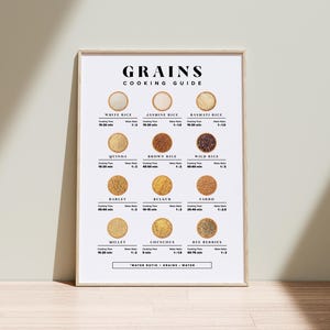 Może przedstawiać: Oprawiony wydruk zatytułowany "GRAINS COOKING GUIDE" przedstawia r&oacute;żne ziarna z czasami gotowania i proporcjami wody. Przewodnik zawiera biały ryż, komosę ryżową, jęczmień, proso, ryż jaśminowy, brązowy ryż, bulgur, kuskus, ryż basmati, dziki ryż, farro i jagody żytnie.