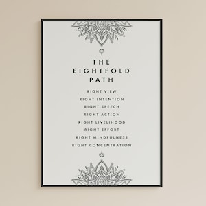 May include: Black and white printable poster with a mandala design at the top and bottom. The text "The Eightfold Path" is in the center of the poster, followed by a list of eight steps: Right View, Right Intention, Right Speech, Right Action, Right Livelihood, Right Effort, Right Mindfulness, Right Concentration.