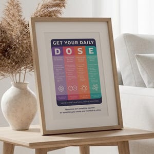 Pu&ograve; includere: Una stampa incorniciata intitolata GET YOUR DAILY DOSE, con quattro colonne verticali codificate a colori per dopamina, ossitocina, serotonina ed endorfine. Il testo elenca stimolatori naturali dell'umore e include la citazione, Happiness isn't something you find.