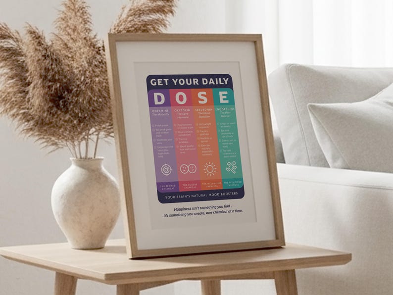 Pu&ograve; includere: Una stampa incorniciata intitolata GET YOUR DAILY DOSE, con quattro colonne verticali codificate a colori per dopamina, ossitocina, serotonina ed endorfine. Il testo elenca stimolatori naturali dell'umore e include la citazione, Happiness isn't something you find.