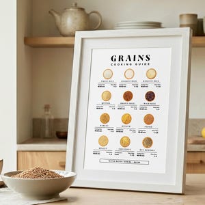 Może przedstawiać: Biały plakat w ramie z napisem "GRAINS COOKING GUIDE" przedstawia instrukcje gotowania dla r&oacute;żnych zb&oacute;ż. Miska ze zbożem i filiżanka kawy znajdują się przed plakatem. Plakat stoi na drewnianej powierzchni.