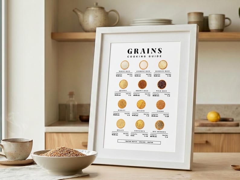 Może przedstawiać: Biały plakat w ramie z napisem "GRAINS COOKING GUIDE" przedstawia instrukcje gotowania dla r&oacute;żnych zb&oacute;ż. Miska ze zbożem i filiżanka kawy znajdują się przed plakatem. Plakat stoi na drewnianej powierzchni.