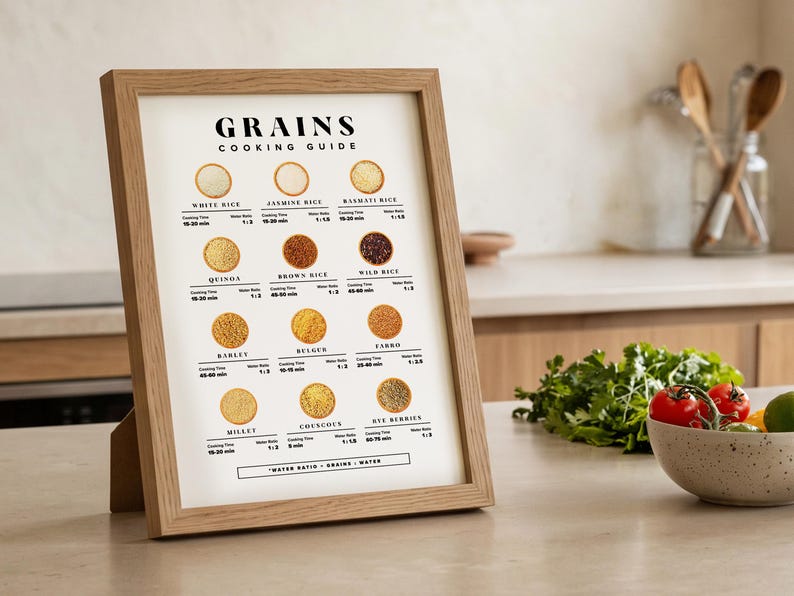 Może przedstawiać: Oprawiony plakat "GRAINS COOKING GUIDE" z jasną drewnianą ramą. Plakat przedstawia r&oacute;żne ziarna z czasami gotowania i proporcjami wody. Miska pomidor&oacute;w i pęczek kolendry stoją na blacie przed plakatem.