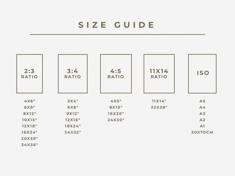 May include: A size guide chart with the text "SIZE GUIDE" at the top. The chart displays various aspect ratios: 2:3, 3:4, 4:5, 11x14, and ISO, with corresponding print sizes in inches, such as 4x6, 6x9, 8x12, and 10x15.