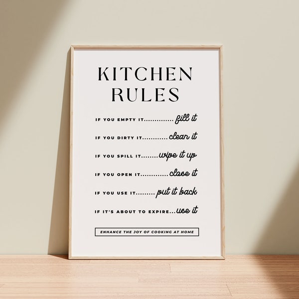 Printable Kitchen Rules Sign Poster for food and cooking lover with simple and minimalist design, Kitchen Wall Art, Instant Digital Download