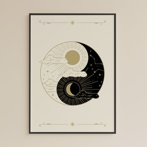 May include: A black and white yin yang symbol with a gold sun and moon inside. The sun has rays emanating from it and the moon has a crescent shape. There are clouds and stars around the sun and moon.