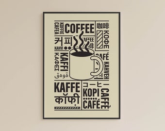 May include: A black and white poster with a coffee cup and the word "COFFEE" written in multiple languages, including English, French, German, Spanish, Italian, Japanese, and Arabic.
