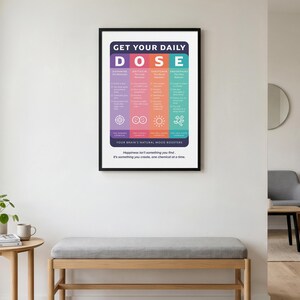 Pu&ograve; includere: Un poster da parete incorniciato intitolato GET YOUR DAILY DOSE, con quattro colonne verticali in viola, rosa, arancione e verde acqua. Ogni colonna elenca stimolatori chimici dell'umore come dopamina, ossitocina, serotonina ed endorfine con icone.