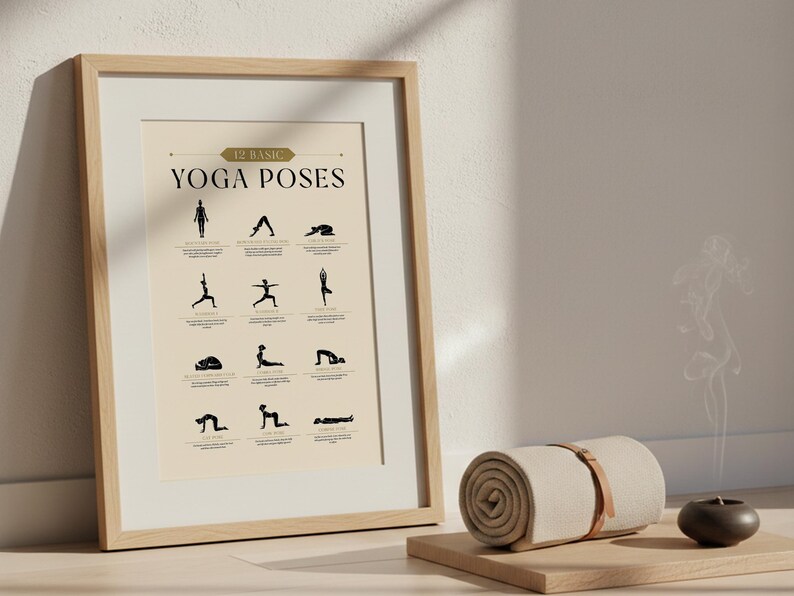 May include: A framed print displaying 12 basic yoga poses in black on a cream background. The print is in a light wood frame. A rolled-up beige yoga mat with a leather strap, and a small black candle holder sit on a wooden tray.