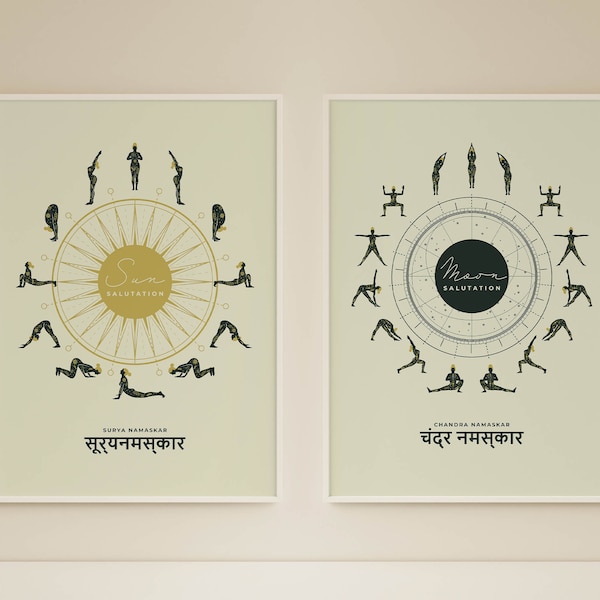 Printable Yoga sequence Asana: Yoga Sun & Moon Salutation Wall Art, Surya Chandra Namaskar, Practitioner Yoga studio digital downloads