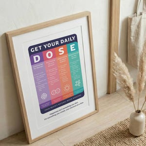 Pu&ograve; includere: Una stampa artistica incorniciata intitolata GET YOUR DAILY DOSE, con quattro colonne verticali codificate a colori per dopamina, ossitocina, serotonina ed endorfine. Il grafico elenca le abitudini per ogni sostanza chimica con icone.