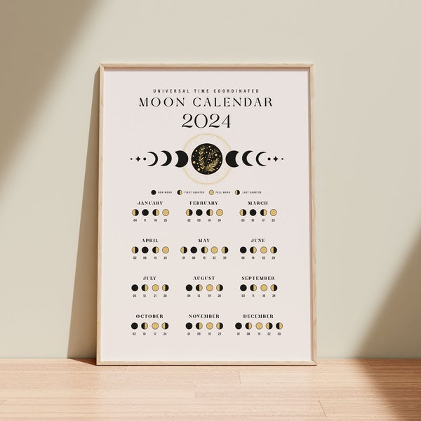 Printable Moon Calendar Lunar Calendar 2024, Moon Phases Astrological Info graphic, Universal Time Coordinated, Digital Download