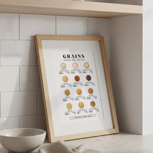 Może przedstawiać: Oprawiony plakat "GRAINS COOKING GUIDE" z ilustracjami r&oacute;żnych zb&oacute;ż. Plakat jest w jasnej drewnianej ramie, oparty o białą kafelkową ścianę. Biała ceramiczna miska i beżowa szmatka na pierwszym planie.