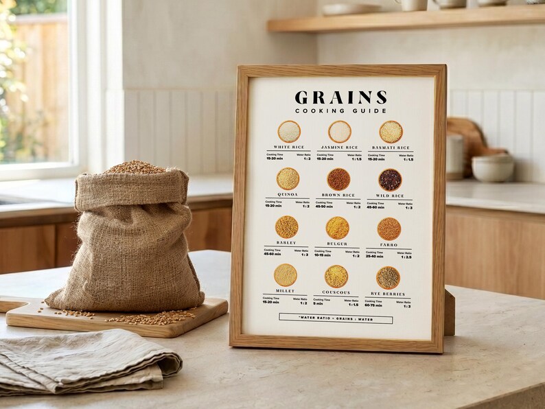 Może przedstawiać: Drewniana oprawiona plakatem "GRAINS COOKING GUIDE" z r&oacute;żnymi ziarnami, w tym ryżem i komosą ryżową. Worek jutowy wypełniony ziarnami spoczywa na drewnianej desce, z złożoną lnianą szmatką na pierwszym planie.
