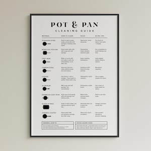 Poster met gids voor schoonmaken van potten en pannen: onderhoudsschema kookgerei keuken, afdrukbare muurkunst, keukeninfographic