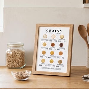 Może przedstawiać: Oprawiony plakat "GRAINS COOKING GUIDE" z r&oacute;żnymi rodzajami ryżu, wystawiony na drewnianej powierzchni. Obecny jest r&oacute;wnież szklany słoik wypełniony ziarnami i mała szklana miska z ziarnami. Widoczne drewniane przybory kuchenne i ceramiczny pojemnik.