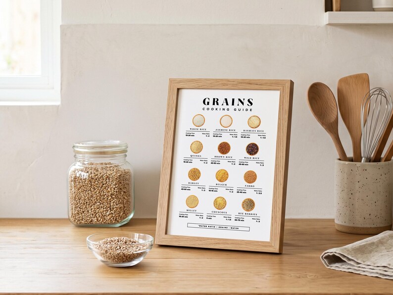 Może przedstawiać: Oprawiony plakat "GRAINS COOKING GUIDE" z r&oacute;żnymi rodzajami ryżu, wystawiony na drewnianej powierzchni. Obecny jest r&oacute;wnież szklany słoik wypełniony ziarnami i mała szklana miska z ziarnami. Widoczne drewniane przybory kuchenne i ceramiczny pojemnik.