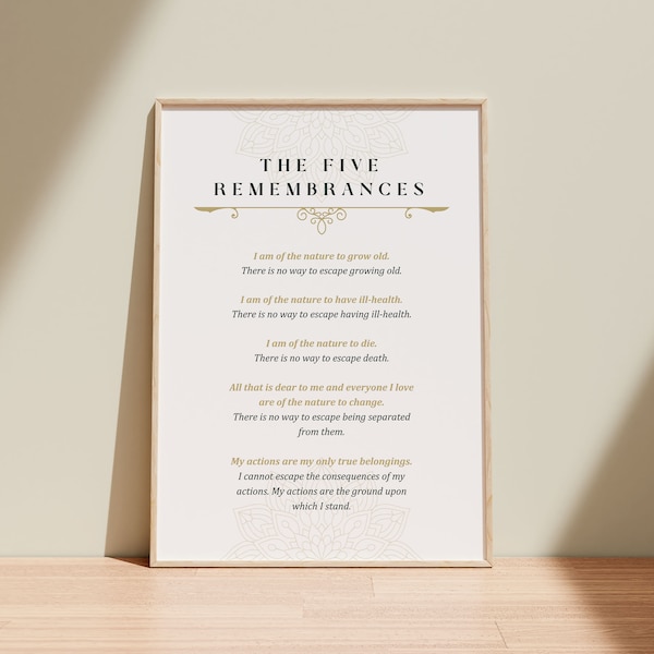 Buddhist quotes printable wall art: The Five Remembrances, Spiritual Wall Decor, Gift for Buddhist friend, Instant Digital Download