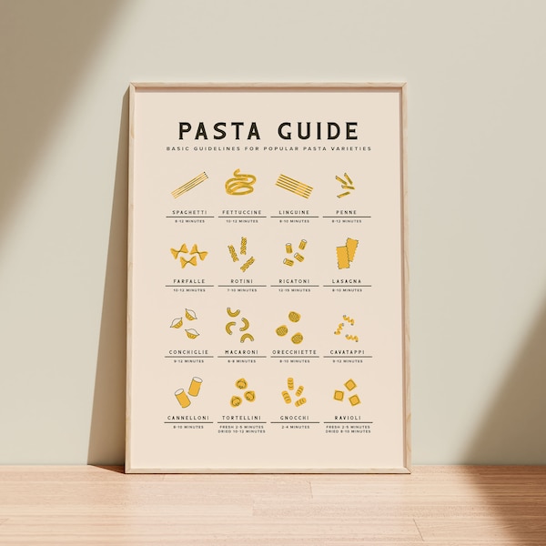 Printable Pasta Guide Wall Art, Essential Kitchen Guide for Pasta Lover, Italian Food Pasta Cooking Guide, Instant Digital Downloads