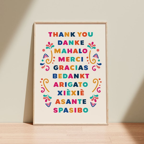 Educational Classroom Printable: Thank You in Different Language - Colorful Kids room Decor, Nursery Wall Decor - Instant Digital Download