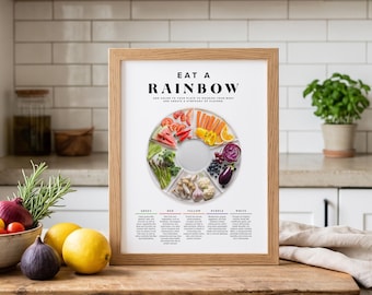 May include: A framed wall print titled EAT A RAINBOW featuring a circular plate graphic divided into sections filled with colorful fruits and vegetables. Below the plate, text columns categorize produce by color: green, red, yellow, purple, and white.