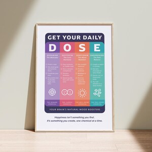 Pu&ograve; includere: Un poster educativo incorniciato intitolato GET YOUR DAILY DOSE, con quattro colonne verticali codificate a colori per dopamina, ossitocina, serotonina ed endorfina. Ogni sezione elenca attivit&agrave; e icone, con il testo: Happiness isn't something you find. It's something you create, one chemical at a time.