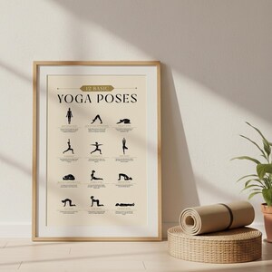 May include: A framed poster titled "12 Basic Yoga Poses" with illustrations of yoga positions. A rolled-up beige yoga mat rests on a woven basket. A potted plant sits nearby, creating a serene and wellness-focused scene.