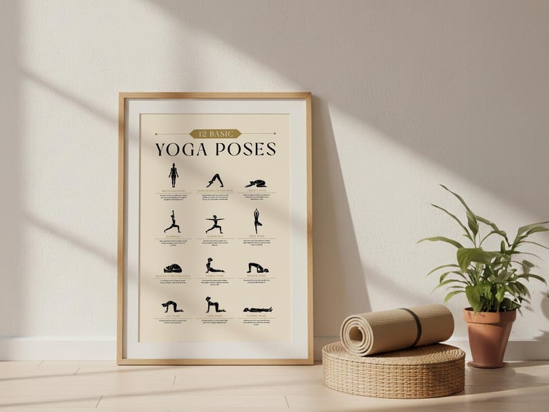 May include: A framed poster titled "12 Basic Yoga Poses" with illustrations of yoga positions. A rolled-up beige yoga mat rests on a woven basket. A potted plant sits nearby, creating a serene and wellness-focused scene.