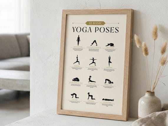 12 Basic Yoga Poses Chart, Beginner Asanas Guide, Wellness Wall Art (Digital Download)