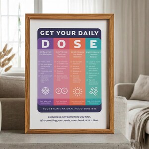 Pu&ograve; includere: Una stampa da parete incorniciata intitolata GET YOUR DAILY DOSE, con quattro colonne verticali codificate a colori per dopamina, ossitocina, serotonina ed endorfine. Ogni sezione elenca attivit&agrave; per stimolare queste sostanze, con icone e testo che spiegano il loro ruolo di stimolatori naturali dell'umore.