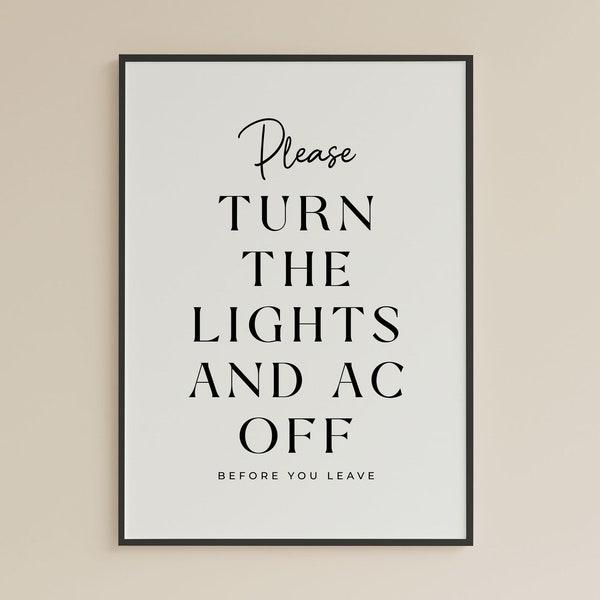 Eco-Friendly Printable Sign: Please Turn The Lights and AC Off, Turn Off Lights to Save Energy, Minimalist Sign, Instant Digital Download