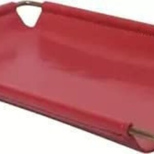May include: A red leather tray with a gold metal frame. The tray is rectangular and has a slightly curved edge.