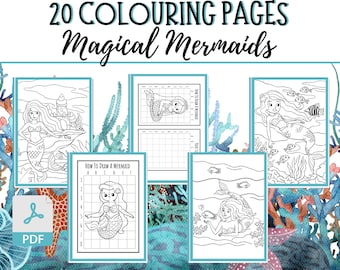 May include: A set of 20 printable coloring pages featuring magical mermaids. The pages include a variety of mermaid designs, including mermaids with long flowing hair, mermaids with crowns, and mermaids swimming in the ocean. The pages are perfect for kids of all ages who love mermaids.