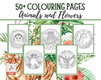 Dibujos para colorear de animales y flores | Libro para colorear de la naturaleza | Libro para colorear para adultos | Dibujos para colorear de la naturaleza | Libro de actividades para adultos | Imprimibles
