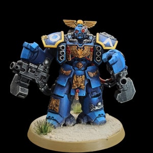 May include: A blue and gold painted miniature space marine figure holding a gun. The figure is standing on a round base with a sandy texture and green grass.