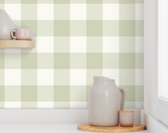 Light Green Gingham Wallpaper, Removable Peel and Stick or Pre-Pasted, Farmhouse Buffalo Checks Wallpaper for Kids Bedroom Kitchen Bathroom