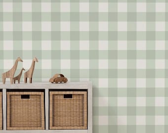 Light Green Gingham Wallpaper, Peel and Stick or Pre-Pasted,  Aqua Green Buffalo Checks Farmhouse Wallpaper for Boys Room and Kids Bedroom